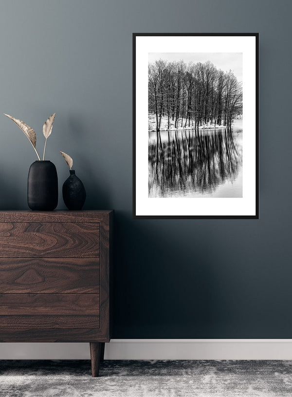 Træer der spejler i søen plakat
