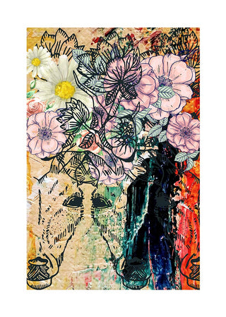 Abstract poster featuring colorful flowers and sketched horse faces on a textured, multicolored background.