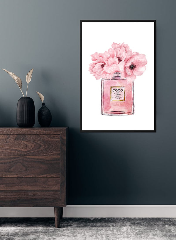 Coco Chanel parfume lyserød plakat