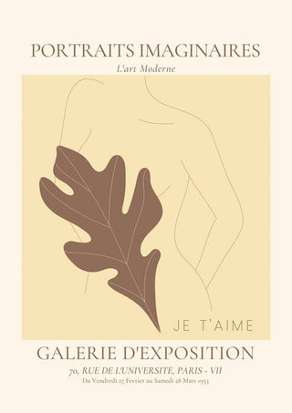 Minimalist line drawing of a woman's figure with a large brown leaf overlay, titled "Portraits Imaginaires Woman No. 2 Plakat".