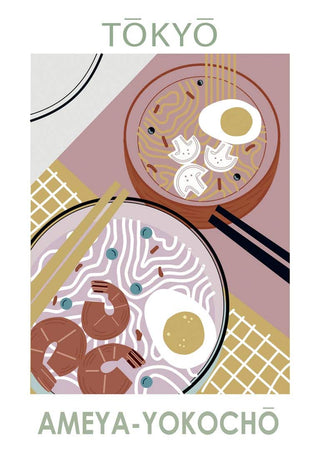 Stylized illustration of two ramen bowls with toppings, captioned "Tokyo Ameya-Yokocho" in graphic design style.
