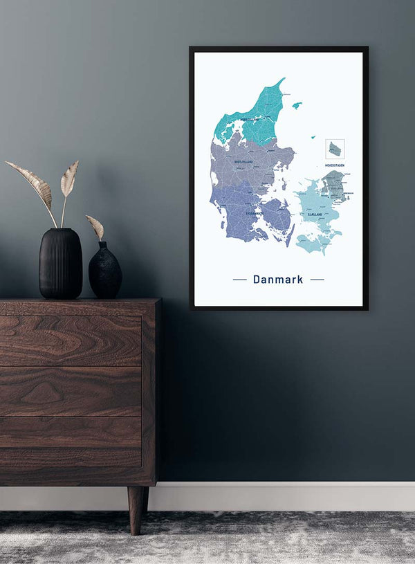 Blå Danmarkskort Plakat