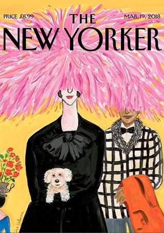 Illustration of a person with large pink hair wearing black, holding a white dog—featured on Pink Hair Plakat product page.