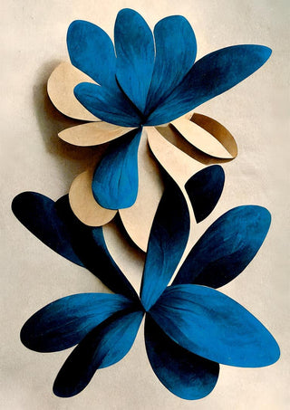 Abstract depiction of a cherry blossom branch with blue and beige petals on a neutral background.