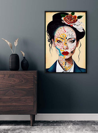 Framed print of "She's My Sister" by Tara Green, featuring a woman with colorful face art and a rose in her hair.