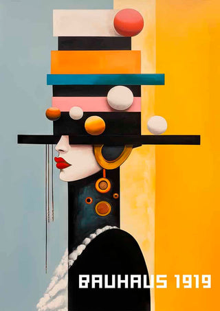 Abstract portrait of a woman with geometric hat and jewelry, inspired by Bauhaus style. Text: "BAUHAUS 1919".