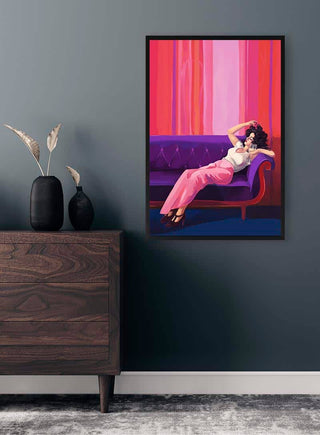 Framed All That Jazz - Kate Aitana artwork on a wall above a dresser in a modern room setting.
