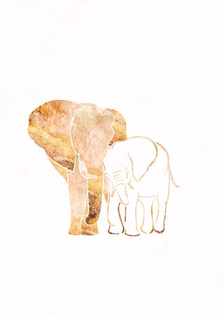 Two abstract elephants in white and gold tones, one large and one small, on a white background.