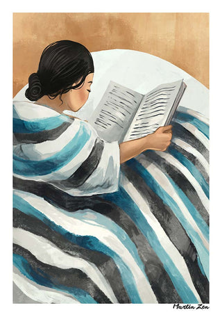 Illustration of a woman reading in bed, wrapped in a striped blanket. Artwork for Moment of Peace by Martin Zen.