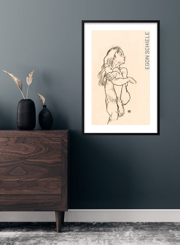 Siddende nøgen pige, der klamrer sig til sit venstre knæ (1918) af Egon Schiele