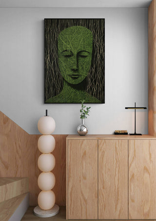 Mr. Green - Martin Zen artwork featuring a green abstract face sculpture hanging in a modern interior setting.