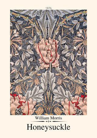 William Morris Honeysuckle poster featuring intricate floral patterns in muted pink, blue, and cream tones.