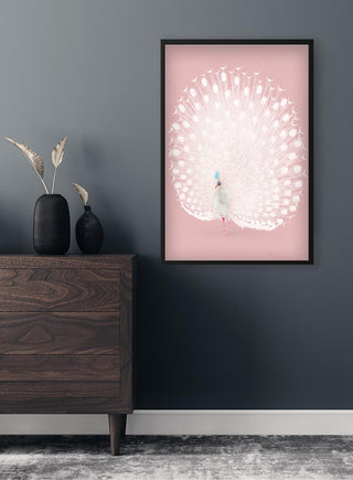 Plakat med lyserød påfugl af Ohara Koson