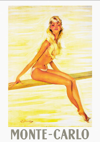 Vintage-style illustration of a young blonde woman in swimwear sitting by the water, with "Monte-Carlo" below.