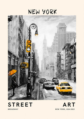 Black-and-white city street with yellow taxi and traffic light, New York Street Art poster.