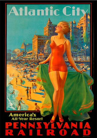 Vintage Atlantic City poster with a woman in a swimsuit, busy beach scene, and Pennsylvania Railroad promotion.