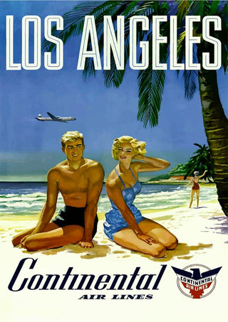 Vintage poster of a man and woman on a Los Angeles beach with palm trees, airplane, and Continental Air Lines logo.
