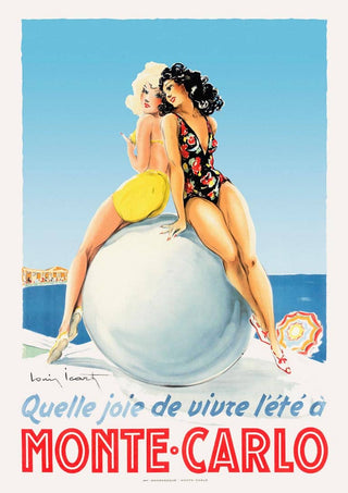 Vintage Monte Carlo poster with two women in swimsuits sitting on a sphere by the sea, bright summer colors.