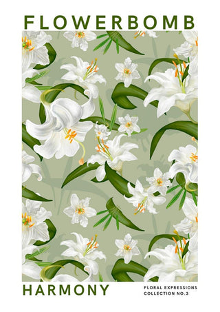 Poster design for Flowerbomb - Harmony featuring white lilies and green leaves on a soft green background.