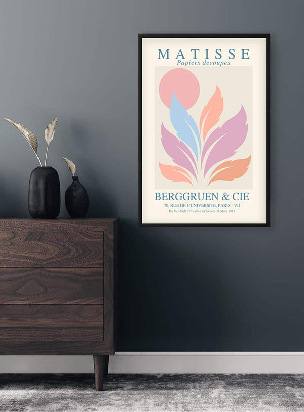 Matisse-inspireret plakat med lyserød sol