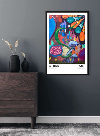 Philadelphia Street Murial Plakat featuring vibrant, abstract street art hanging on a dark wall above a dresser.