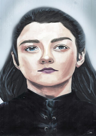 Portrait of Arya Stark with dark hair, piercing eyes, and a serious expression, wearing a black outfit.