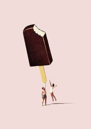 Two people reach for a giant bitten ice cream bar on the product page for "You treat me well" by Maarten Léon.