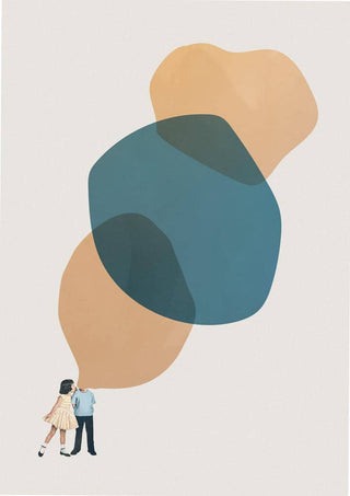 Minimalist cover of "A thousand stories to tell you" shows two figures facing large abstract color shapes.
