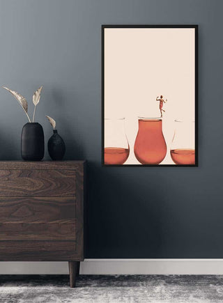 Minimalist print of a woman standing on a full glass, part of "I prefer the full one" by Maarten Léon.