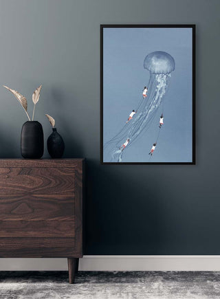 Framed print of "We came home smiling" by Maarten Léon featuring swimmers and a large jellyfish on a wall.