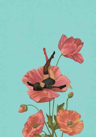 Surreal art of a woman in black lying atop large pink poppies on a sky blue background; Colourful Dreamer by Maarten Léon.