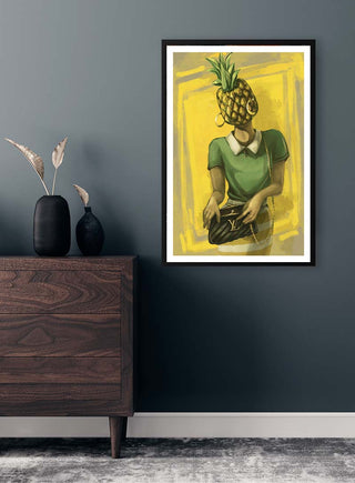 Framed Pineapple Fashion - Kate Aitana Plakat featuring a woman with a pineapple head on a stylish green wall.