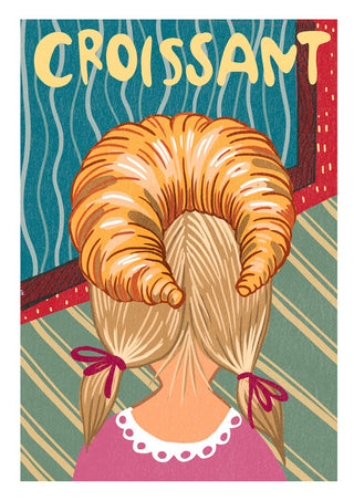 Illustration of a girl with blonde pigtails styled to resemble a large croissant, with "CROISSANT" above her head.
