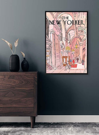 Framed Pink Room Plakat on dark wall above wooden dresser, showcasing an illustrated elegant interior scene.