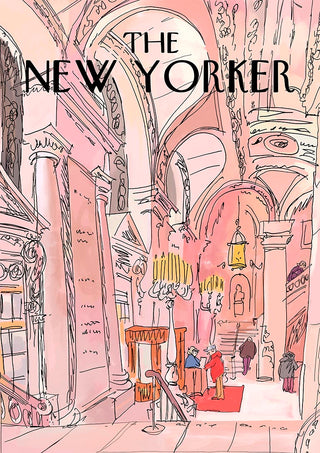 Illustration of an ornate pink room with arches and columns, featured on a Pink Room Plakat product page.