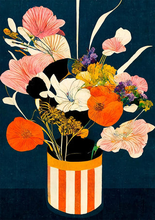 Colorful bouquet of flowers in a striped vase, featured on the Flowers At Night - Treechild product page.