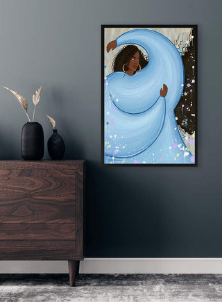 Framed "Swing by my Beauty" by Kate Aitana artwork on a dark wall above a wooden dresser with vases.