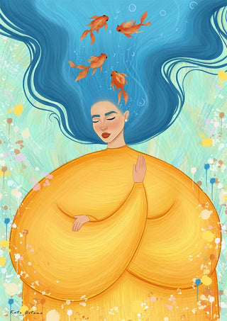 Illustration for Feeling Fishy by Kate Aitana, featuring a woman with blue hair and goldfish swimming above her head.
