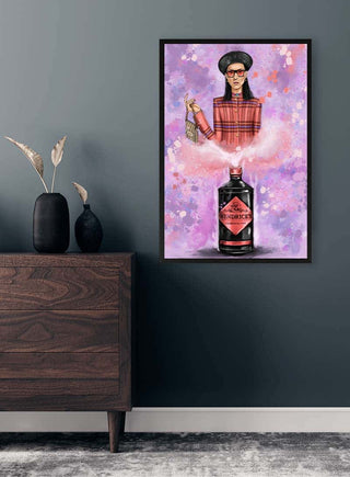Framed Geeniepolitan - Danii Steinfeldt artwork on a wall above a wooden dresser in a modern room.