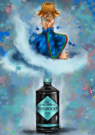 Colorful illustration of a genie emerging from a Hendrick’s Gin Fizz bottle, wearing sunglasses and a checkered hat.