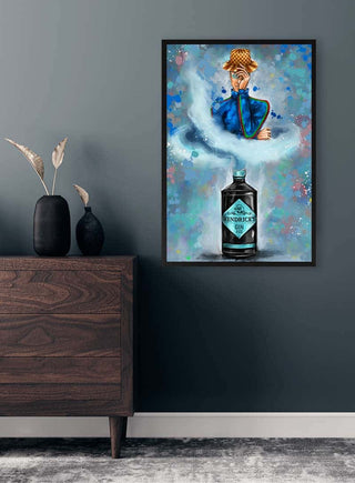 Framed Geenie Fiz artwork by Danii Steinfeldt hanging on a dark wall above a wooden dresser.