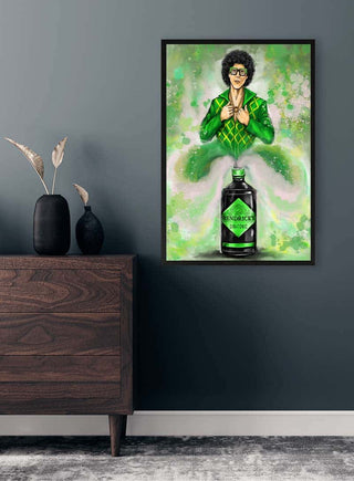 Framed art print of Geenie Tonic by Danii Steinfeldt featuring a genie and a Hendrick's gin bottle.