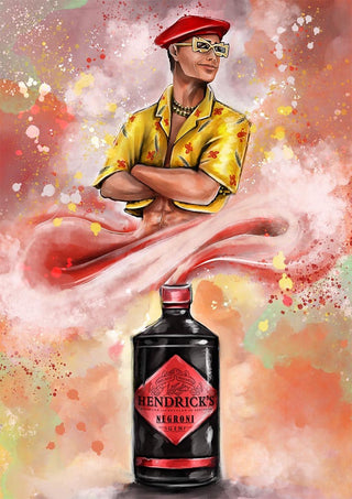 Artistic image of a stylish person with crossed arms above a Hendrick’s Negroni bottle, colorful background.