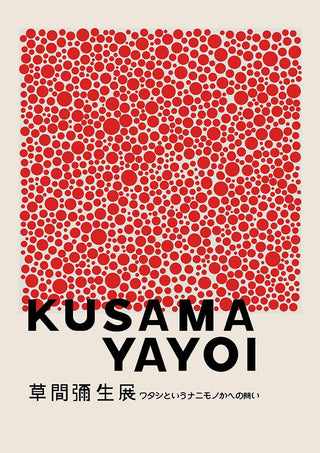Poster featuring a dense pattern of red dots with "KUSAMA YAYOI" and Japanese text below.