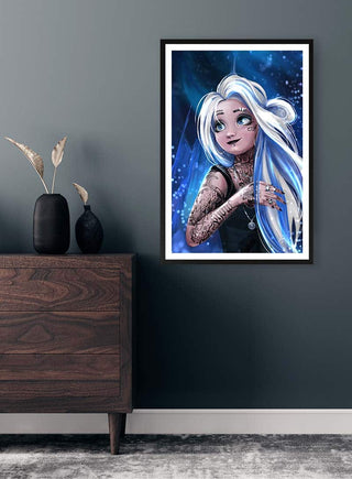 Framed "Hot Elsa not Frozen" artwork by Danii Steinfeldt displayed on a modern wall above a wooden dresser.