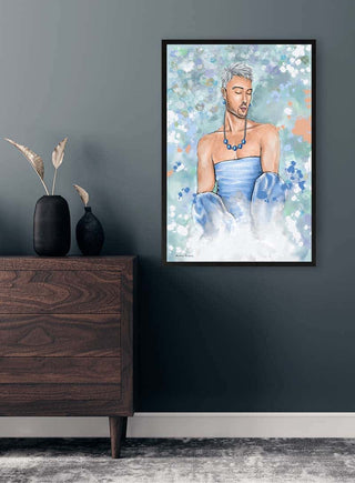 Framed "Hold me Closer" by Martina Karlsson hanging on a dark wall above a wooden dresser with vases.