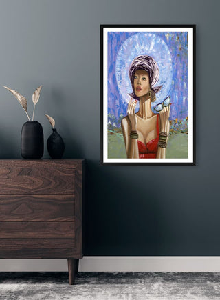 Framed print of "Cherish the love we have" by Martina Karlsson displayed on a dark wall above a wooden dresser.