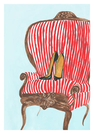 Illustration of a red and white striped vintage chair with high-heeled shoes on the seat by Martina Karlsson.