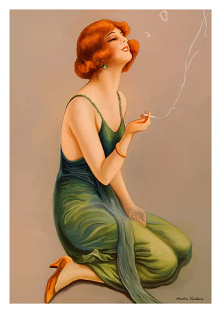 Art print of a red-haired woman in a green dress, kneeling and smoking, by Martina Karlsson.