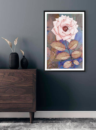 Framed Pink Rose - Kate Aitana artwork on a dark gray wall above a wooden dresser with decorative vases.